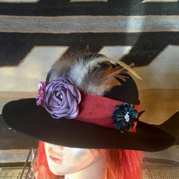 Vintage black wool felt hat O/S creation of AmyG  Red suede band/rooster plume